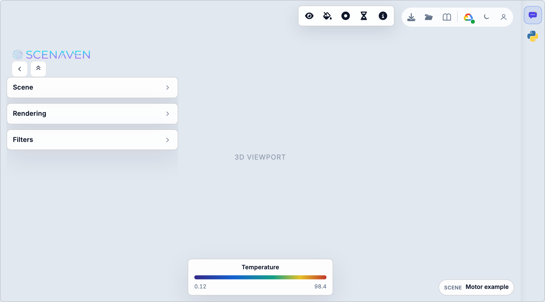 Annotated viewer layout — sidebar, viewport, toolbars, and agent rail